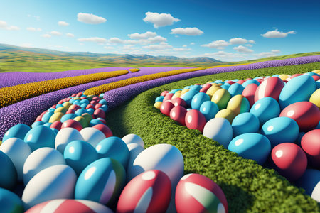 Multi-colored painted Easter eggs of various sizes on a field, with a blue sky in the clouds. Fantasy illustration, futuristic concept. AI generated.の素材