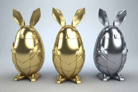 Easter bunnies egg robots made of shiny metal. Futuristic concept of the future. AI generated.の素材