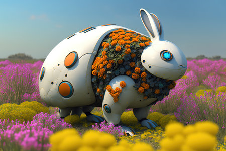 Easter robot rabbit white in flowers on a field with flowers and grass. Fantastic future concept. AI generated.の素材