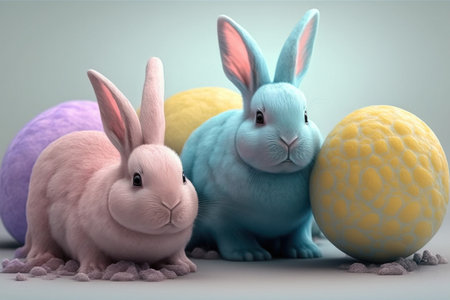 Cute Easter colorful bunnies are sitting in a row. Fluffy beautiful domestic animals. AI generated.の素材