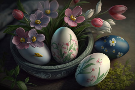 Colorful Easter eggs in a wicker basket on the table, flat lay. Postcard and wallpaper for the holiday. AI generated.の素材