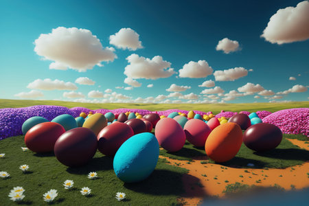 Multi-colored painted Easter eggs of various sizes on a field, with a blue sky in the clouds. Fantasy illustration, futuristic concept. AI generated.の素材
