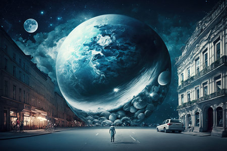 Planet in space. stars in the universe. Alien world. Fantastic scientific wallpaper. Fantasy space view from a telescope. AI generated.の素材