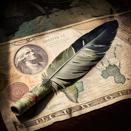 Eagle feather and money dollars close up. Bald eagle feather close-up on banknotes. AI generated.の素材
