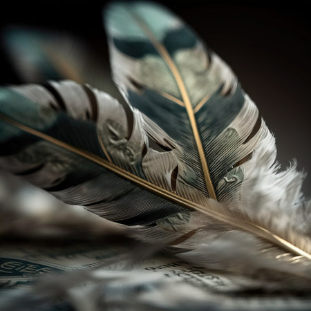 Eagle feather close up. Bald eagle feather with dark background. AI generated.の素材