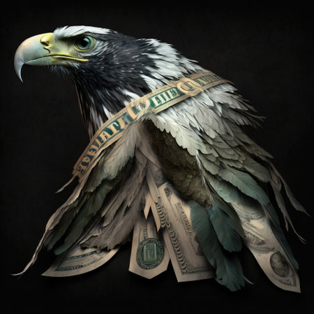 Eagle and money dollars close up. Bald eagle close-up from banknotes. Symbol of power in America. AI generated.の素材