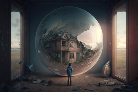 Metaverse in the virtual world. Travel with modern technology. The glass ball is a window to another world. AI generated.の素材