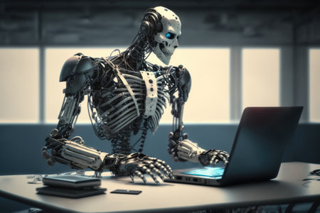 Shiny chrome exoskeleton android robot typing on a laptop. Illustration of a futuristic fantasy cyborg businessman. AI generated.の素材