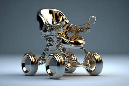Modern chromed metal baby stroller, on a futuristic background. Urban space concept. AI generated.の素材
