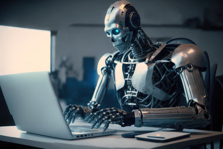 Shiny chrome exoskeleton android robot typing on a laptop. Illustration of a futuristic fantasy cyborg businessman. AI generated.の素材