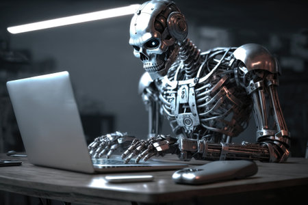 Shiny chrome exoskeleton android robot typing on a laptop. Illustration of a futuristic fantasy cyborg businessman. AI generated.の素材