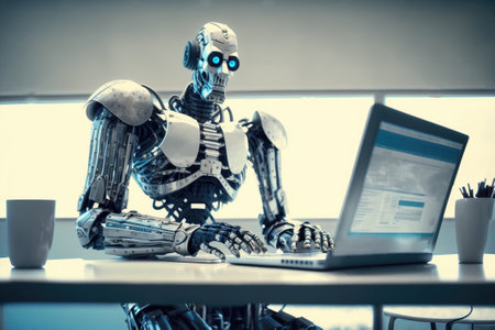 Shiny chrome exoskeleton android robot typing on a laptop. Illustration of a futuristic fantasy cyborg businessman. AI generated.の素材