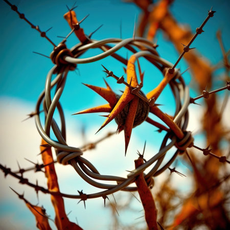Concentration camp. Confinement in a prison guarded by barbed wire. Rusty barbed wire against the blue sky as a symbol of violence. AI generated.の素材
