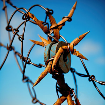 Concentration camp. Confinement in a prison guarded by barbed wire. Rusty barbed wire against the blue sky as a symbol of violence. AI generated.の素材
