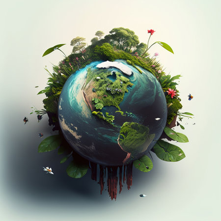 Miniature planet Earth with trees, fauna. Concept for Earth Day. Salvation of the planet. AI generated.の素材