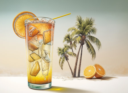 A glass of refreshing lemonade with ice and a straw, with pieces of fruit on the background of a beach with palm trees. Cold drink. AI generated.の素材