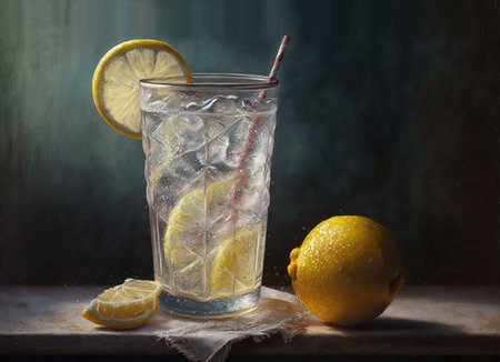 A glass of refreshing lemonade with ice and a straw, with pieces of fruit. On a dark background on a table with lemon slices and berries, and ice. AI generated.の素材