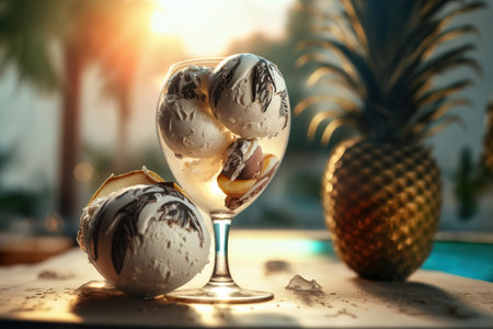 Colored ice cream balls in a glass goblet on the background of palm leaves and the beach. Fresh dessert made from milk and exotic fruits. AI generated.の素材