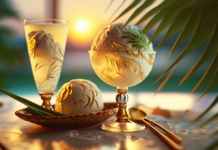 Colored ice cream balls in a glass goblet on the background of palm leaves and the beach. Fresh dessert made from milk and exotic fruits. AI generated.の素材