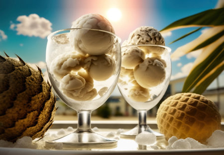 Colored ice cream balls in a glass goblet on the background of palm leaves and the beach. Fresh dessert made from milk and exotic fruits. AI generated.の素材