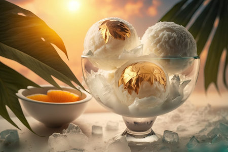 Colored ice cream balls in a glass goblet on the background of palm leaves and the beach. Fresh dessert made from milk and exotic fruits. AI generated.の素材