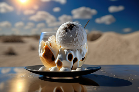 Colored balls of ice cream in a glass goblet at the resort against the backdrop of the beach at sunset. Fresh dessert made from milk and exotic fruits. AI generated.の素材