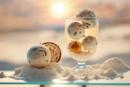 Delicious ice cream balls in a glass on the table against the backdrop of the sunset. Dessert made from milk and exotic fruits. AI generated.の素材
