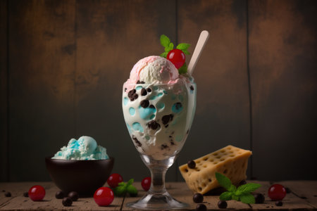 Glass goblet with multi-colored balls of delicious ice cream with a stick and berries on a dark background. Dessert made from milk and exotic fruits. AI generated.の素材