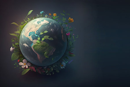 Miniature planet Earth with trees, fauna. Concept for Earth Day. Header banner mockup with space. AI generated.の素材