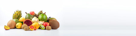 Assortment of exotic tropical fruits isolated on white background. Bananas, passion fruit, pineapple, papaya, mango, sweet dessert with vitamins. Header banner mockup with space. AI generated.の素材