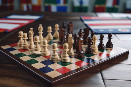 Political board intellectual game chess with country flags. Playing positions of countries. Wooden figures. Hobbies and mind development. AI generated.の素材