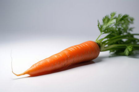 Fresh carrots with leaves, isolate on a white background. Macro studio shot. Useful vegetable, dietary vitamin. AI generated.の素材