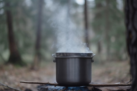 A camping kettle hangs over a fire in the forest in summer. Active holidays on vacation. Fresh food simmers, cooking. AI generated.の素材