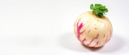 Fresh turnip with leaf, isolate on white background. Macro studio shot. Useful vegetable, dietary vitamin. AI generated. Header banner mockup with space.の素材