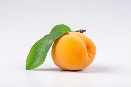Isolated ripe fresh apricot with leaf on white background. Vitamin-rich fruit. Macro of a dietary product. AI generated.の素材