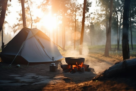 A tent in the forest in the summer by a fire with a pot from which steam comes from food. Camping in nature, active tourism. AI generated.の素材