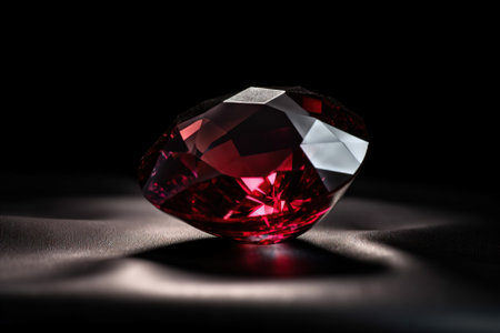 Red diamond is a rare precious natural geological stone on a black background in low key. Fashionable jewelry elegant decoration. AI generated.の素材