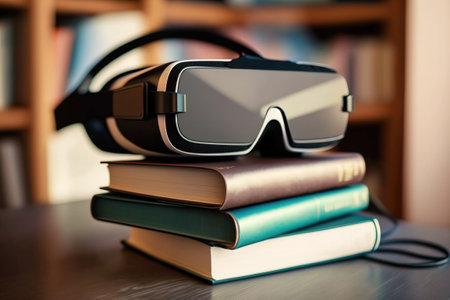VR glasses lie on the books in the library. VR gadget in education. Virtual learning. Modern modern education. AI generated.の素材