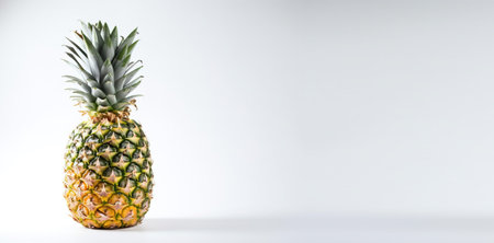 Isolated ripe fresh pineapple with leaf on white background. Vitamin-rich fruit. Macro of a dietary product. AI generated.の素材