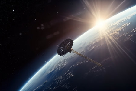 A satellite is flying in orbit around the planet Earth. Against the background of the planet and blue space in the rays of the sun. Scientific technologies. AI generated.の素材