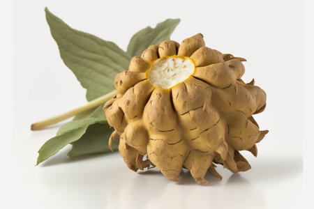 Fresh Jerusalem artichoke on a white background with a leaf. A popular healthy vegetable. AI generated.の素材
