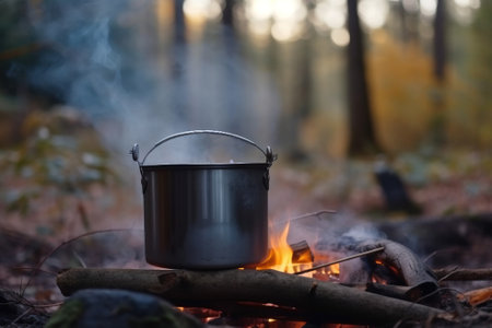 A camping kettle hangs over a fire in the forest in summer. Active holidays on vacation. Fresh food simmers, cooking. AI generated.の素材