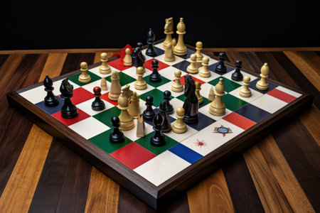 Political board intellectual game chess with country flags. Playing positions of countries. Wooden figures. Hobbies and mind development. AI generated.の素材