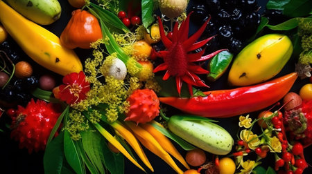 Assorted exotic tropical vegetables on black background isolate. Farm products for the store. Healthy food with vitamins. AI generated.の素材