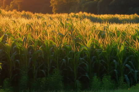 Corn field in the morning sun. Farming with natural ecological vegetables. Healthy useful products. AI generated.の素材