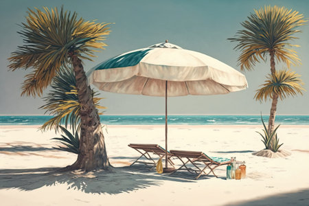 Deckchair with an umbrella on a tropical beach with palm trees near the sea or ocean for relaxation. Vacation travel to beautiful resorts. AI generated.の素材