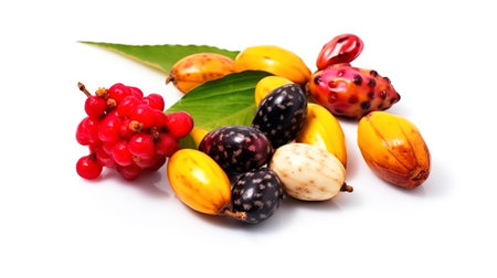Fresh wild forest tropical exotic berries with leaf on books, isolate on white background. Macro studio shot. Useful berries, dietary vitamin. AI generated.の素材