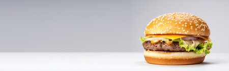 Delicious fresh burger with beef and pork cutlet, melted cheese and tomato and cucumber on a white background, isolate. Street fast food, fast food kitchen. AI generated. Header banner mockup with space.の素材