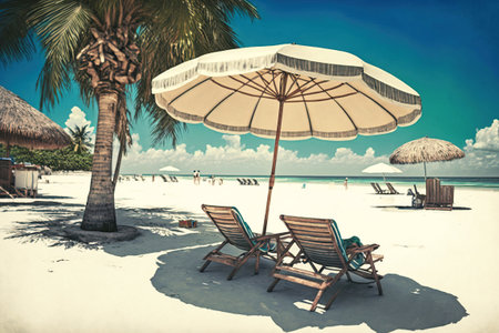 Deckchair with an umbrella on a tropical beach with palm trees near the sea or ocean for relaxation. Vacation travel to beautiful resorts. AI generated.の素材