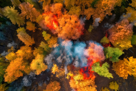 Fire in the forest in summer with smoke, natural disaster, cataclysm. Trees and bushes on fire. AI generated.の素材